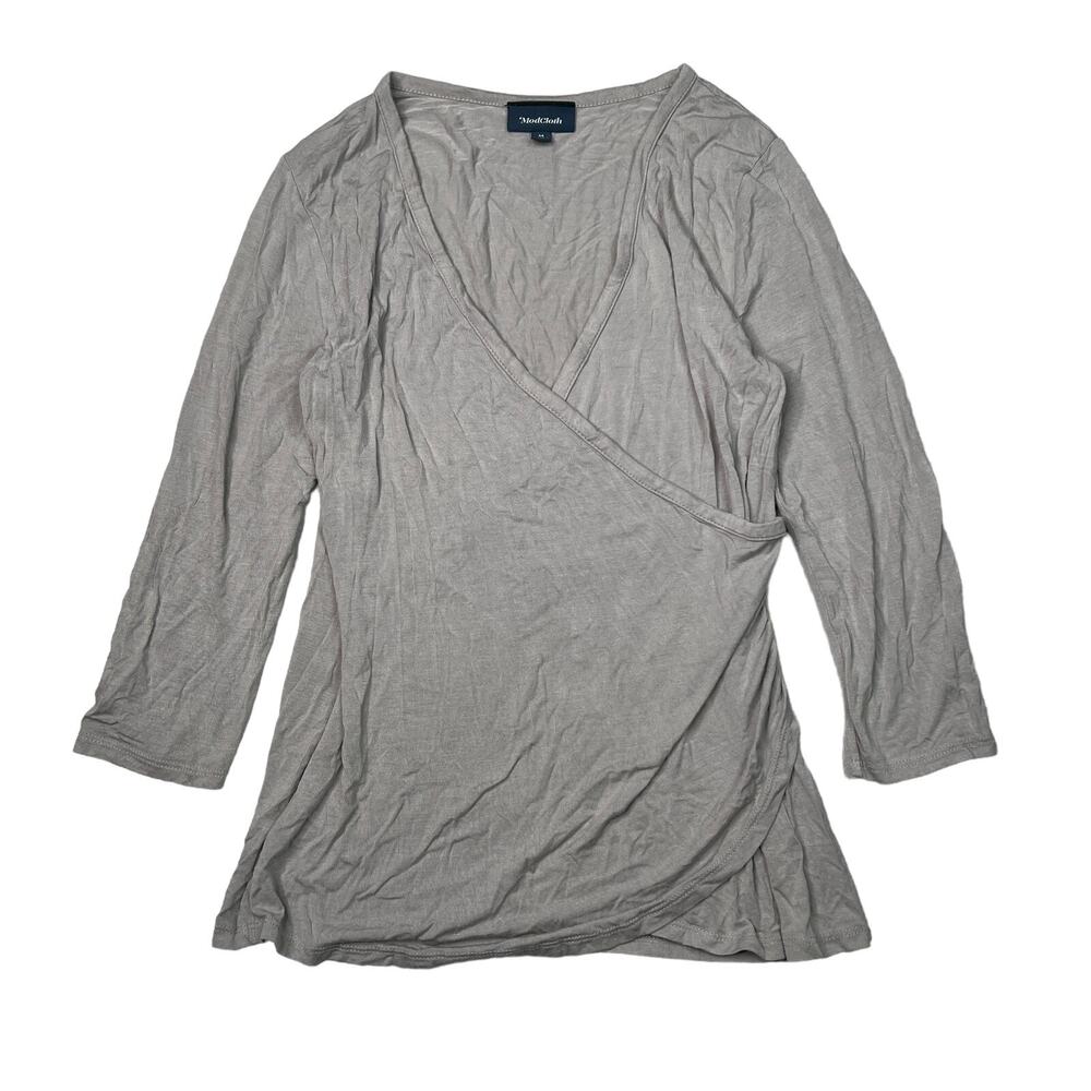 ModCloth V-Neck Ruched Suplice 3/4 Sleeve Top Shirt Gray Womens Medium